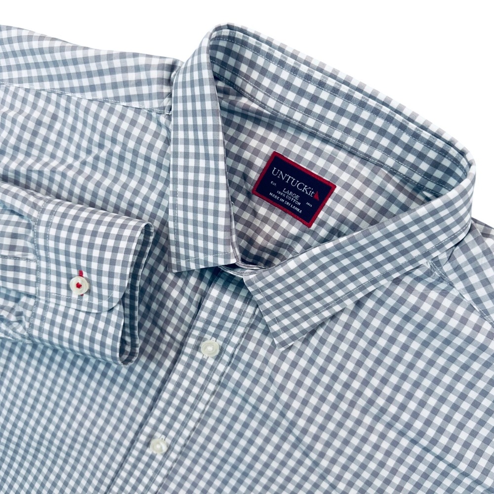 UNTUCKit Mens L Gray White Gingham Dunn Long Sleeve Shirt Cotton Casual Classic